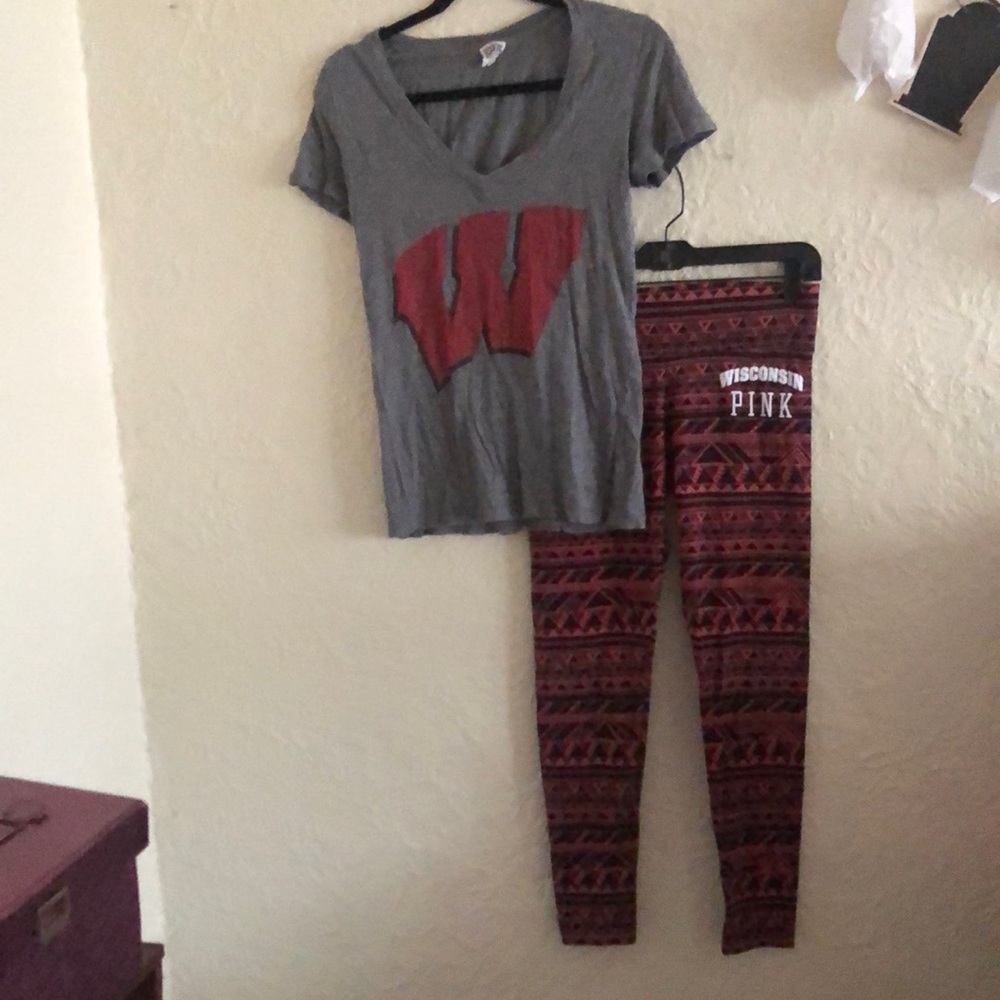 Victoria’s Secret Pink Wisconsin Badgers Gray Rose Bowl Shirt Red Black Leggings